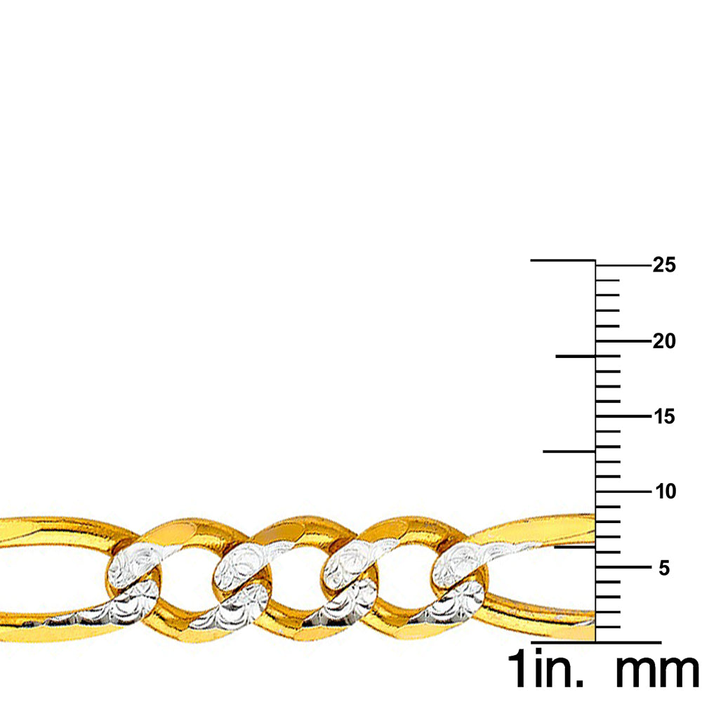 14k Two-tone Gold 8.6mm Wide Regular White Pave 3+1 Figaro Chain