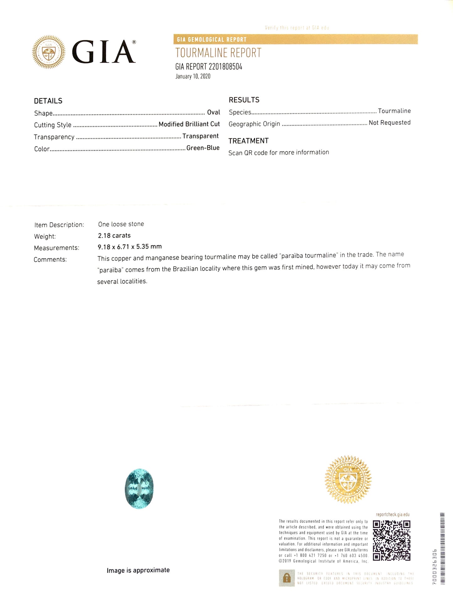 Natural Oval-shape 2.18 carat Green-Blue Paraiba Tourmaline - GIA Certified