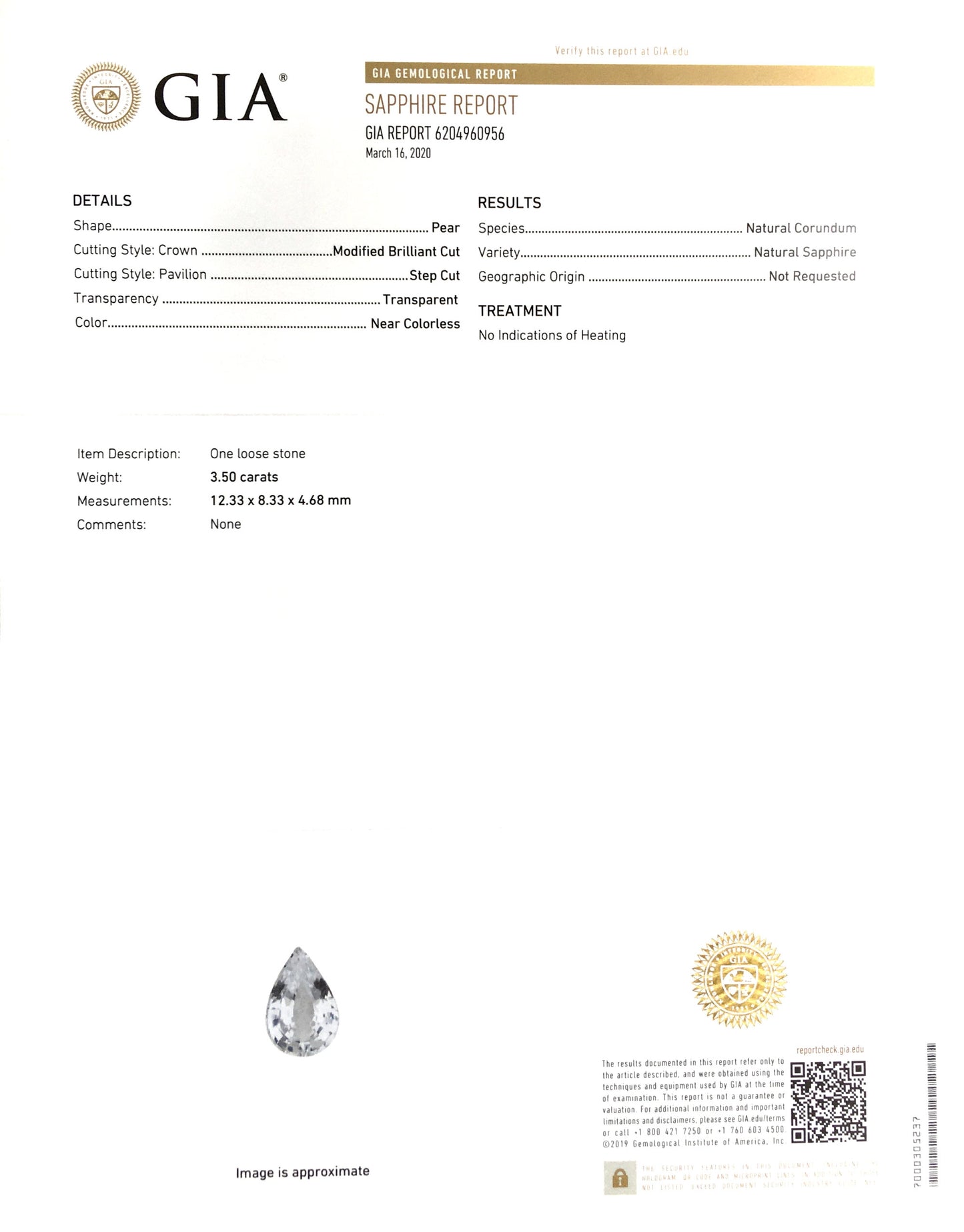 Natural Pear-shape 3.5 carat Near colorless White Sapphire - GIA Certified