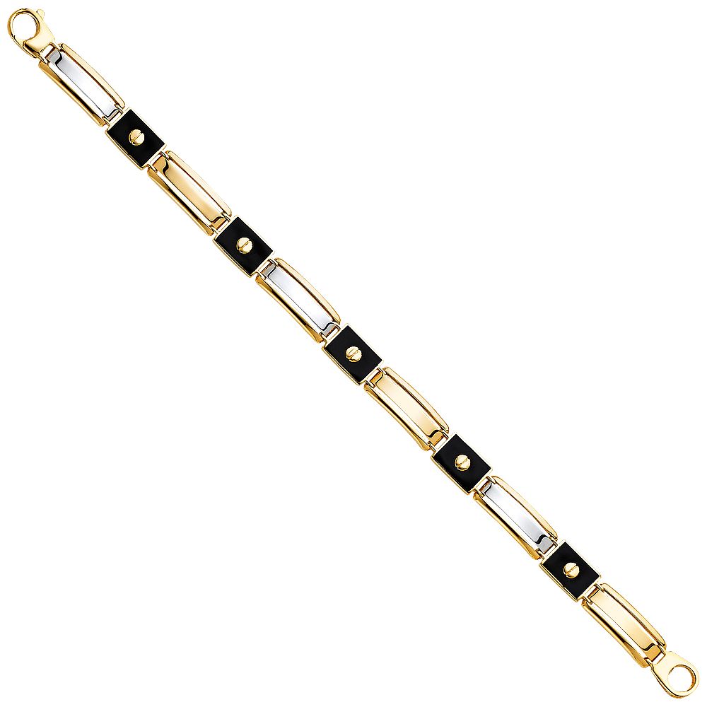 14K Two-tone Gold and Onyx Rectangular Link 8.25" Men's Bracelet