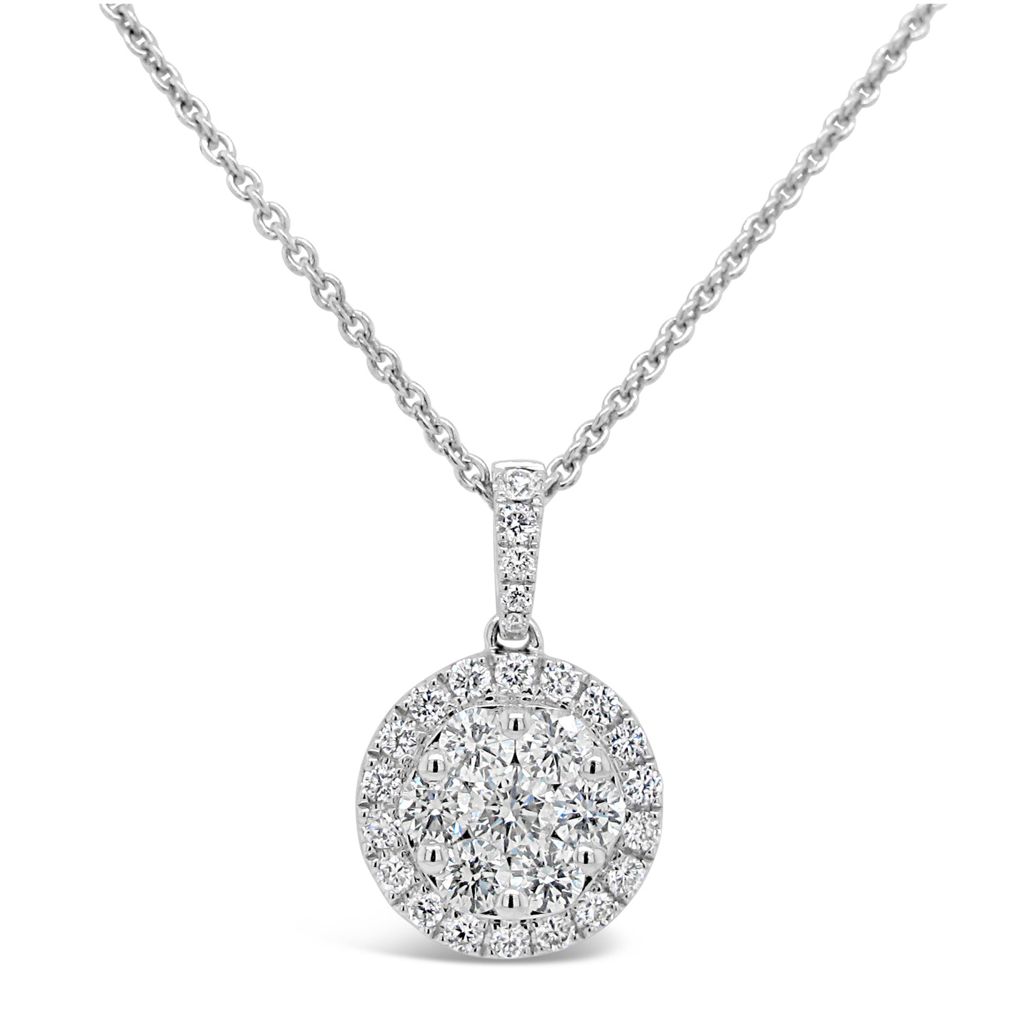 18k White Gold 7/8ct White Diamond Round Cluster Pendant Necklace