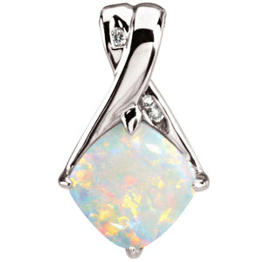 14k White Gold Natural Opal & .025 CTW Natural Diamond Pendant