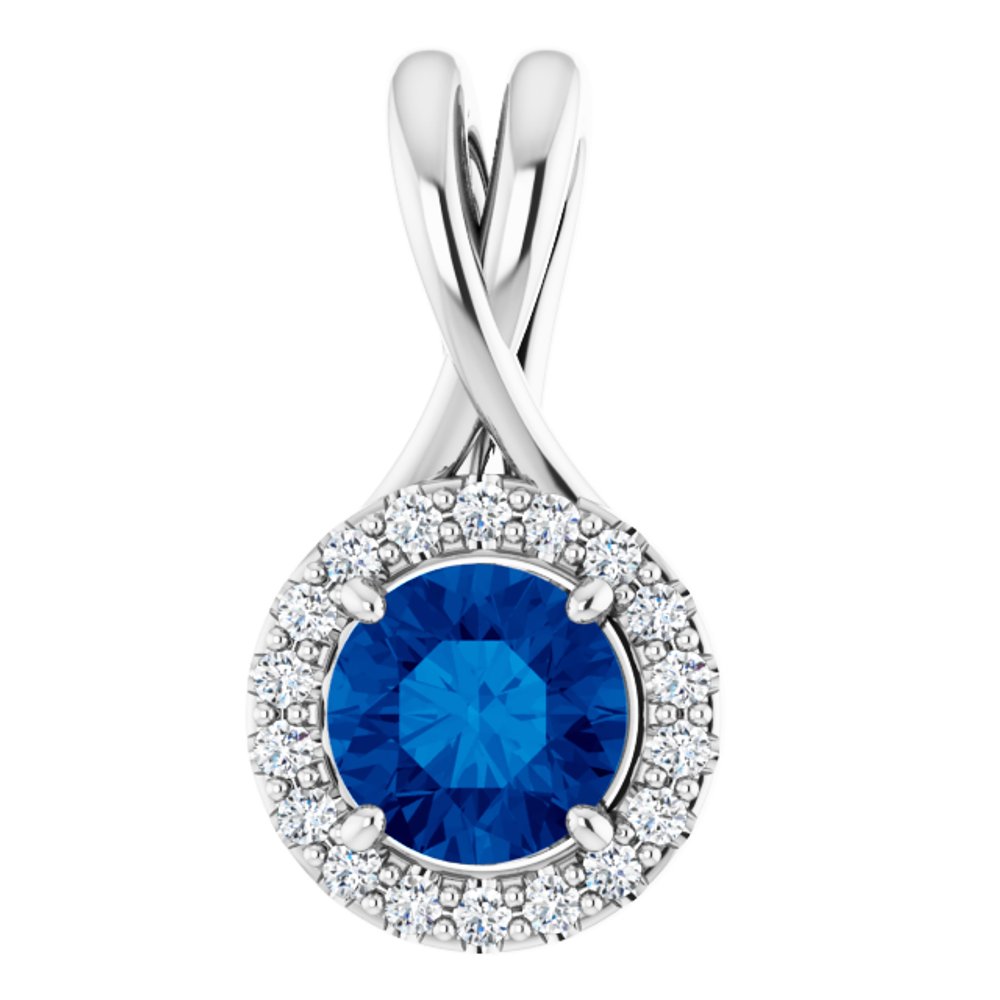 14k White Gold Natural Blue Sapphire & 1/10 CTW Natural Diamond Pendant
