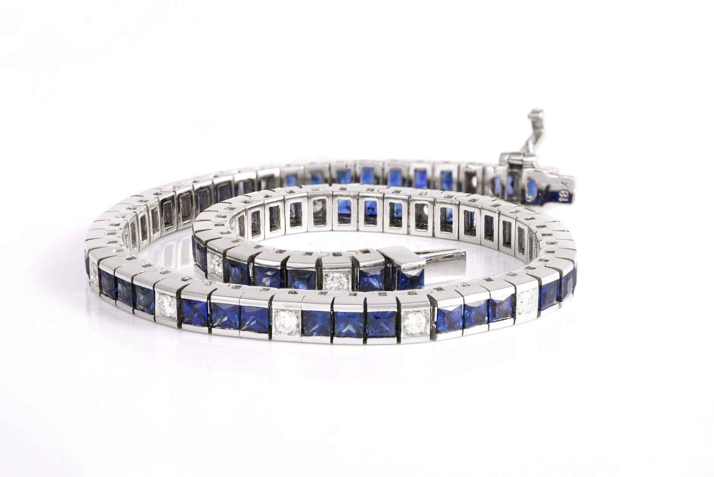 18k White Gold 6.28ct TGW Square-cut Blue Sapphire and Diamond One-of-a-Kind Bracelet