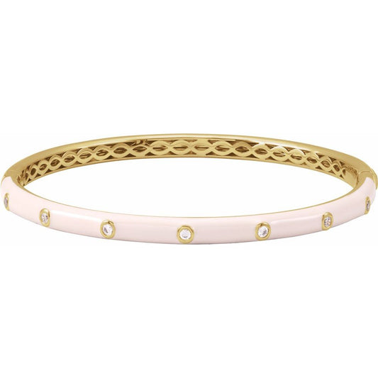 14K Yellow Gold 1/5 CTW Natural Diamond & Pink Enamel 7" Bangle Bracelet