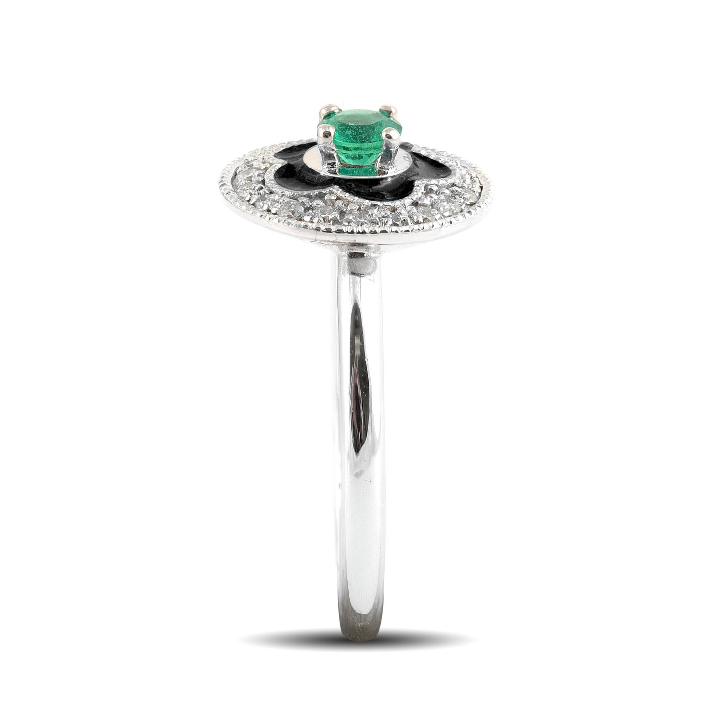 14K White Gold 0.35ct TGW Green Emerald and Diamond Enamel Halo Ring