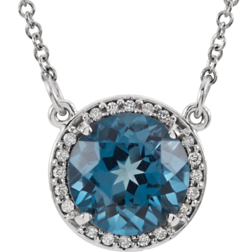 14k White Gold 8 mm Natural London Blue Topaz & .05 CTW Natural Diamond 16" Necklace