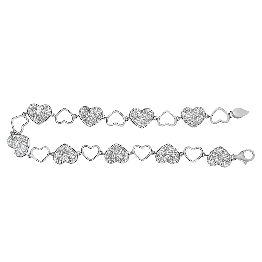 14k White Gold Pave-Set Cubic Zirconia Heart Bracelet
