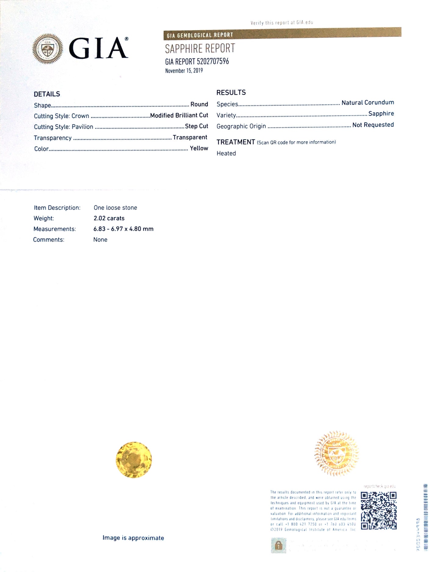 Natural Round-shape 2.02 carat Yellow Sapphire - GIA Certified