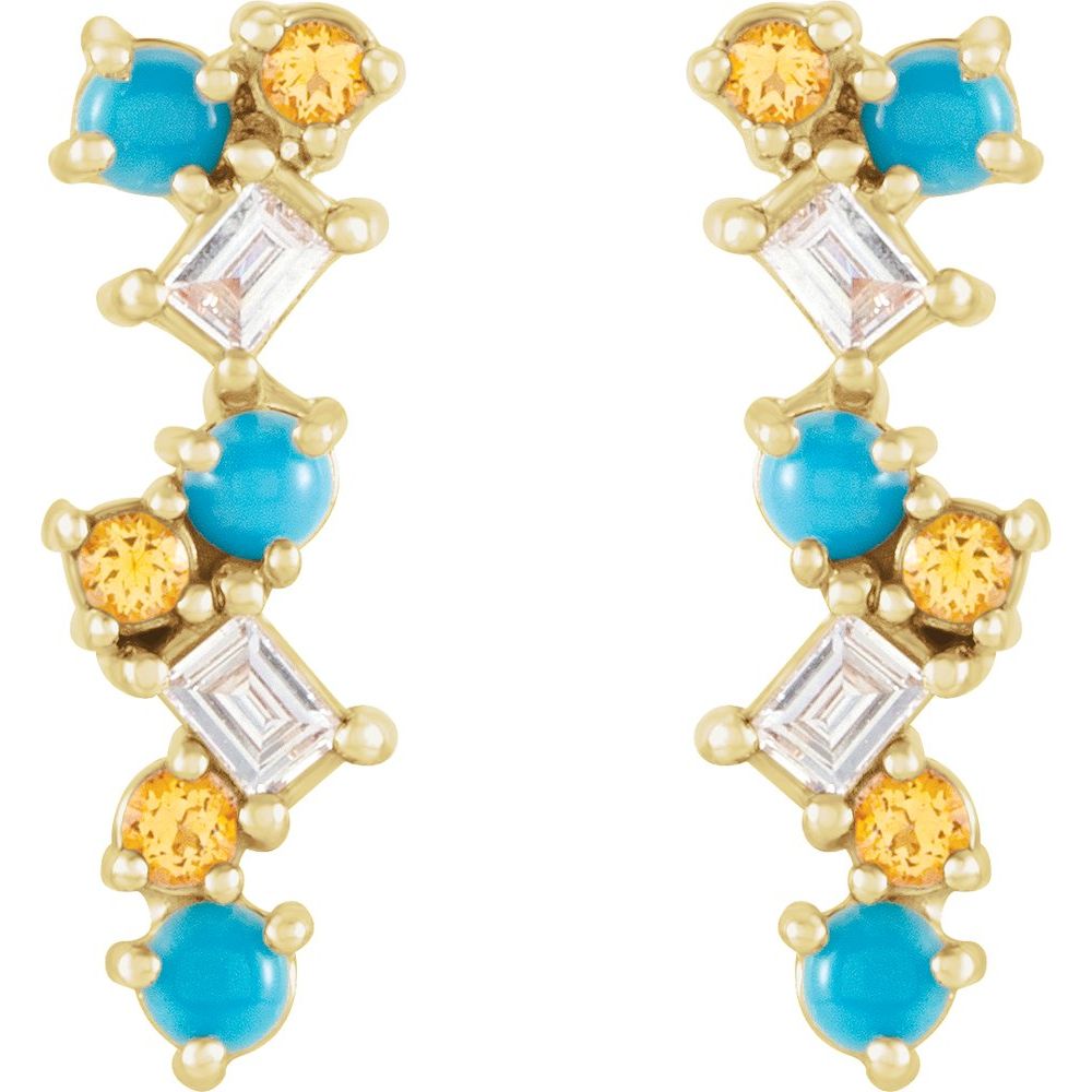 14k Yellow Gold Natural Turquoise, Natural Honey Topaz & 1/10 CTW Natural Diamond Scattered Bar Earrings
