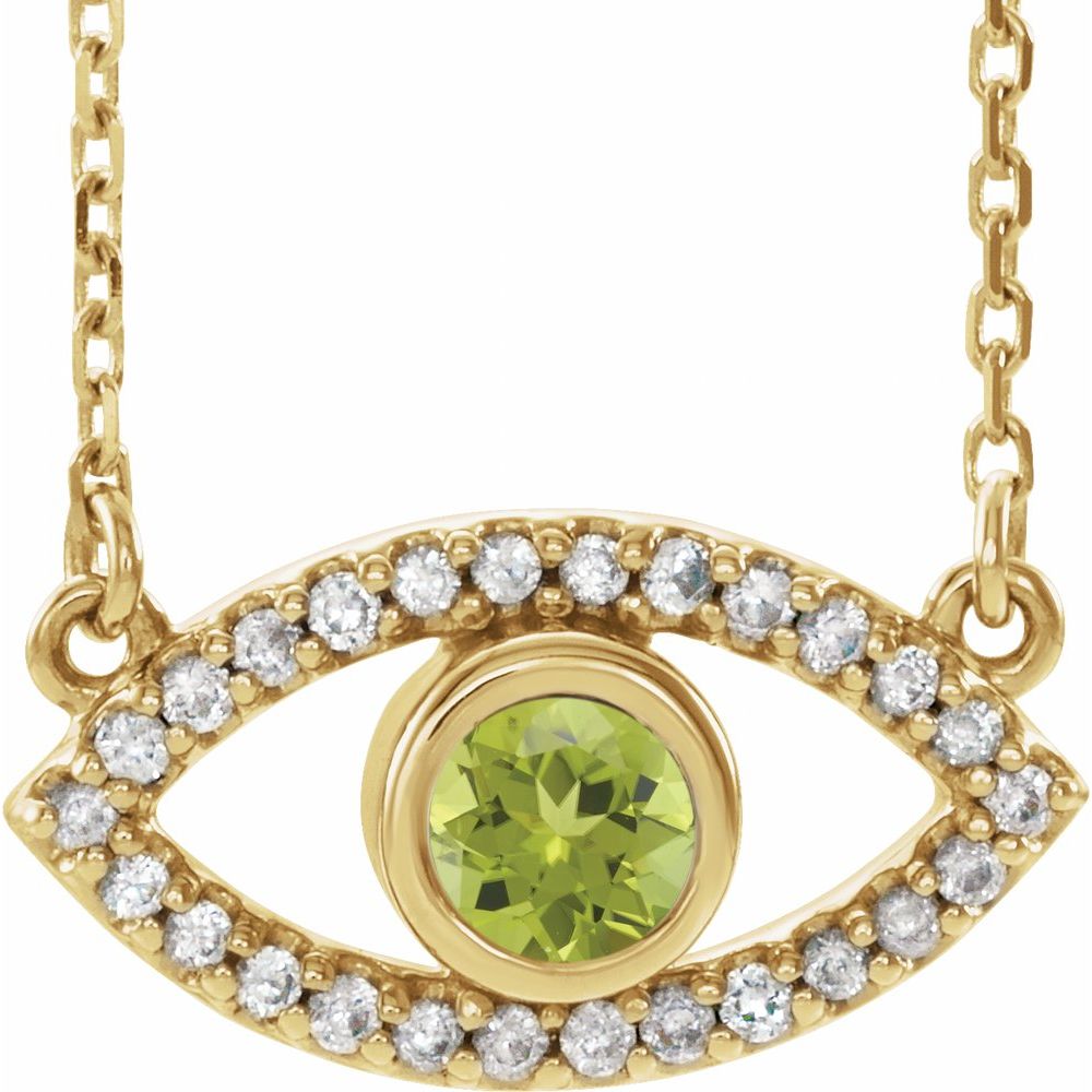 14k Yellow Gold Natural Peridot & Natural White Sapphire Evil Eye 18" Necklace