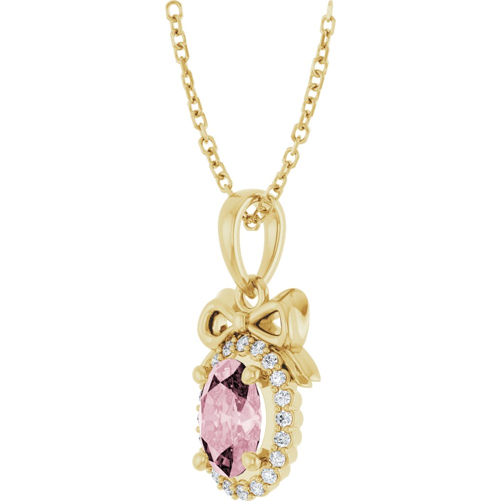14K Yellow Gold Natural Pink Morganite & .08 CTW Natural Diamond Bow 16-18" Necklace
