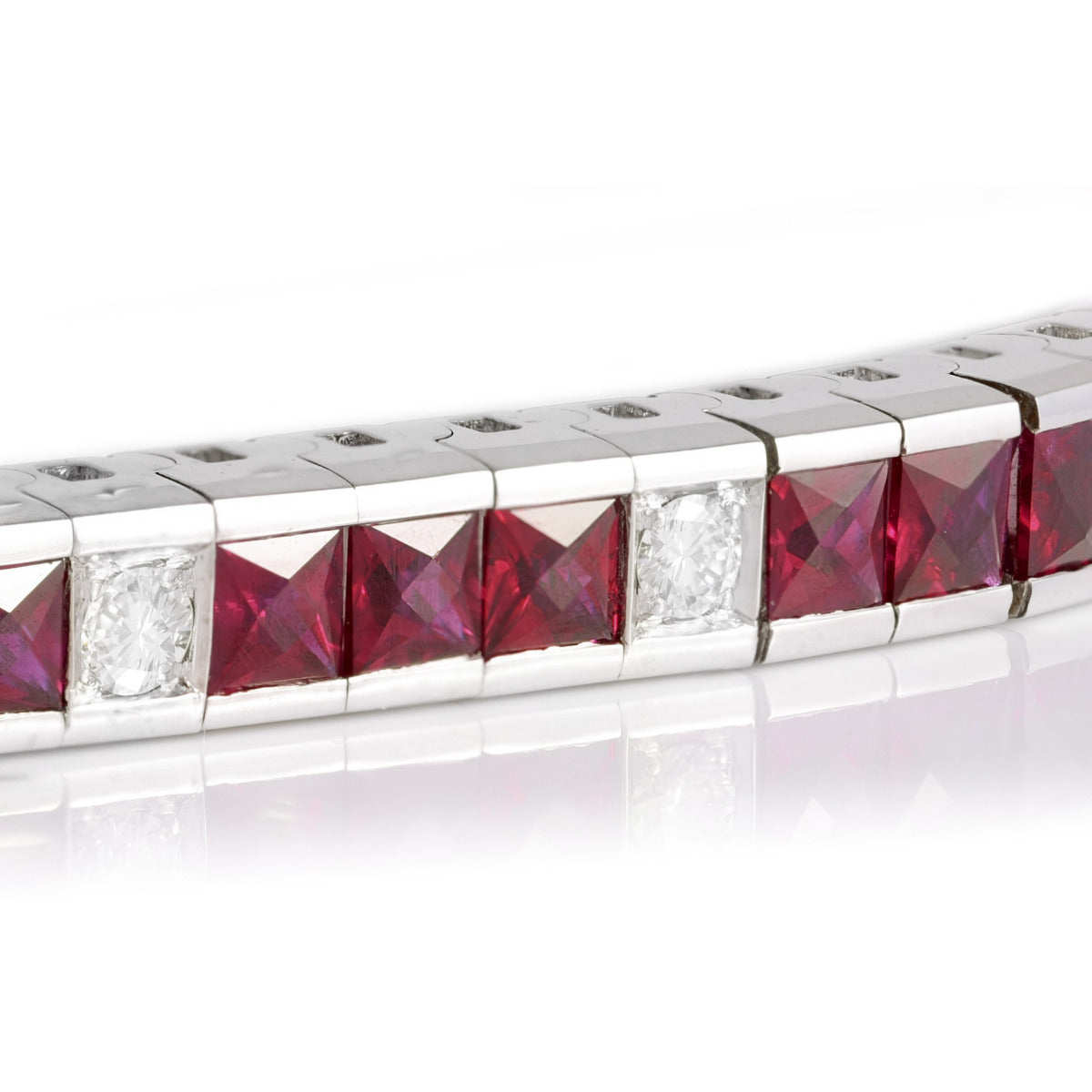 18k White Gold 6.2ct TGW Square-cut Red Ruby and Diamond One-of-a-Kind Bracelet