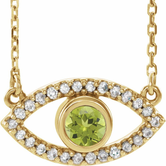 14k Yellow Gold Natural Peridot & Natural White Sapphire Evil Eye 16" Necklace