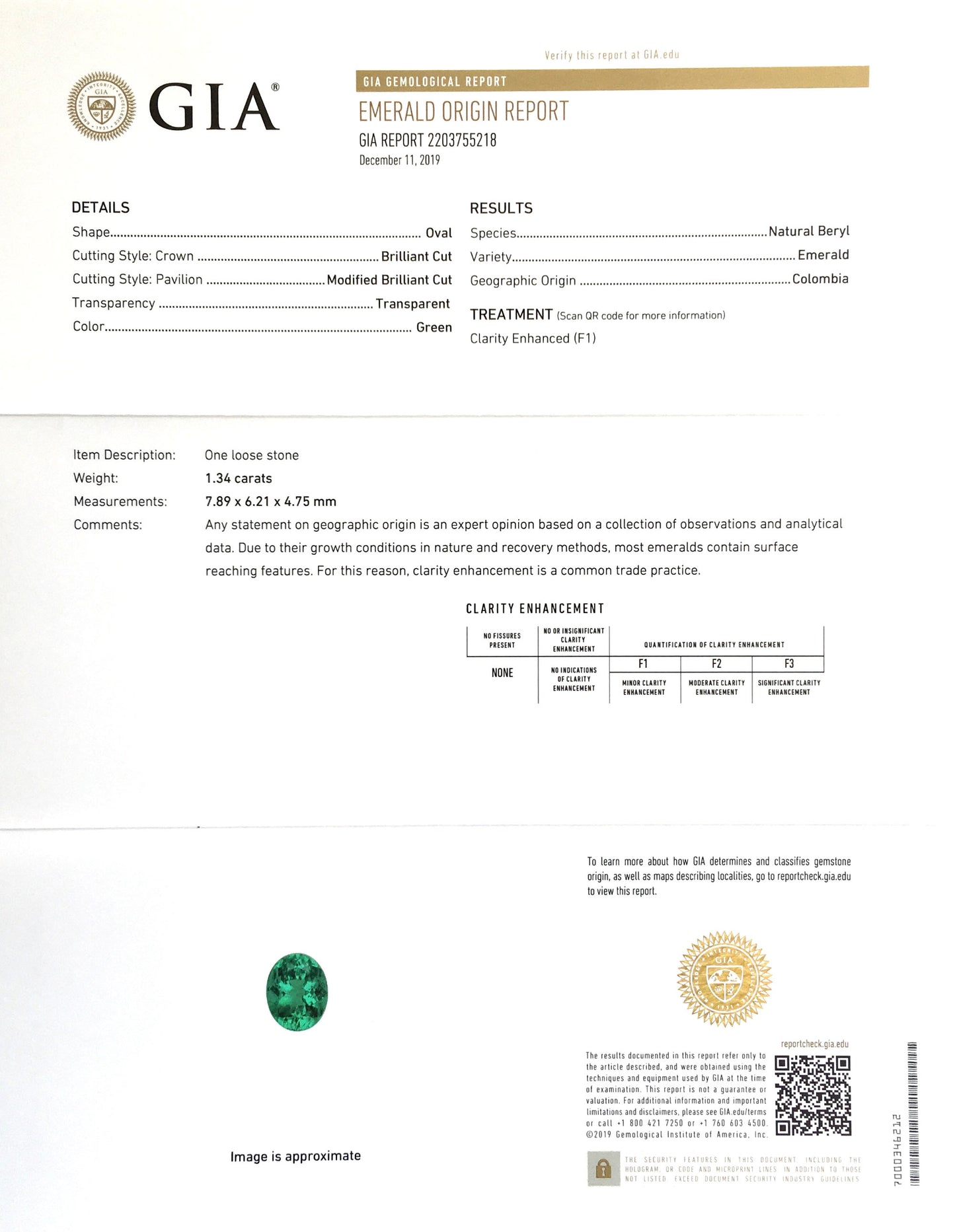 Natural Oval-shape 1.34 carat Green Emerald - GIA Certified