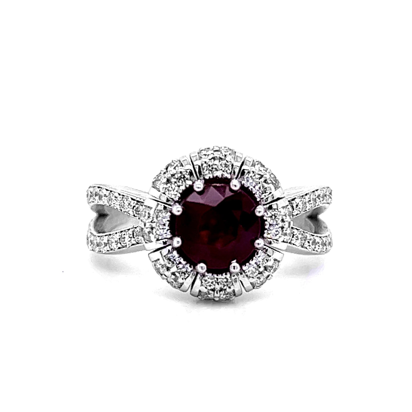 14k White Gold 2.32ct TGW Round-cut Ruby and Diamond Split-shank Anniversary Ring