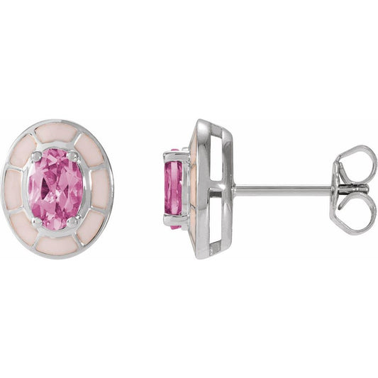 14K White Gold Natural Pink Tourmaline & Pink Enamel Stud Earrings