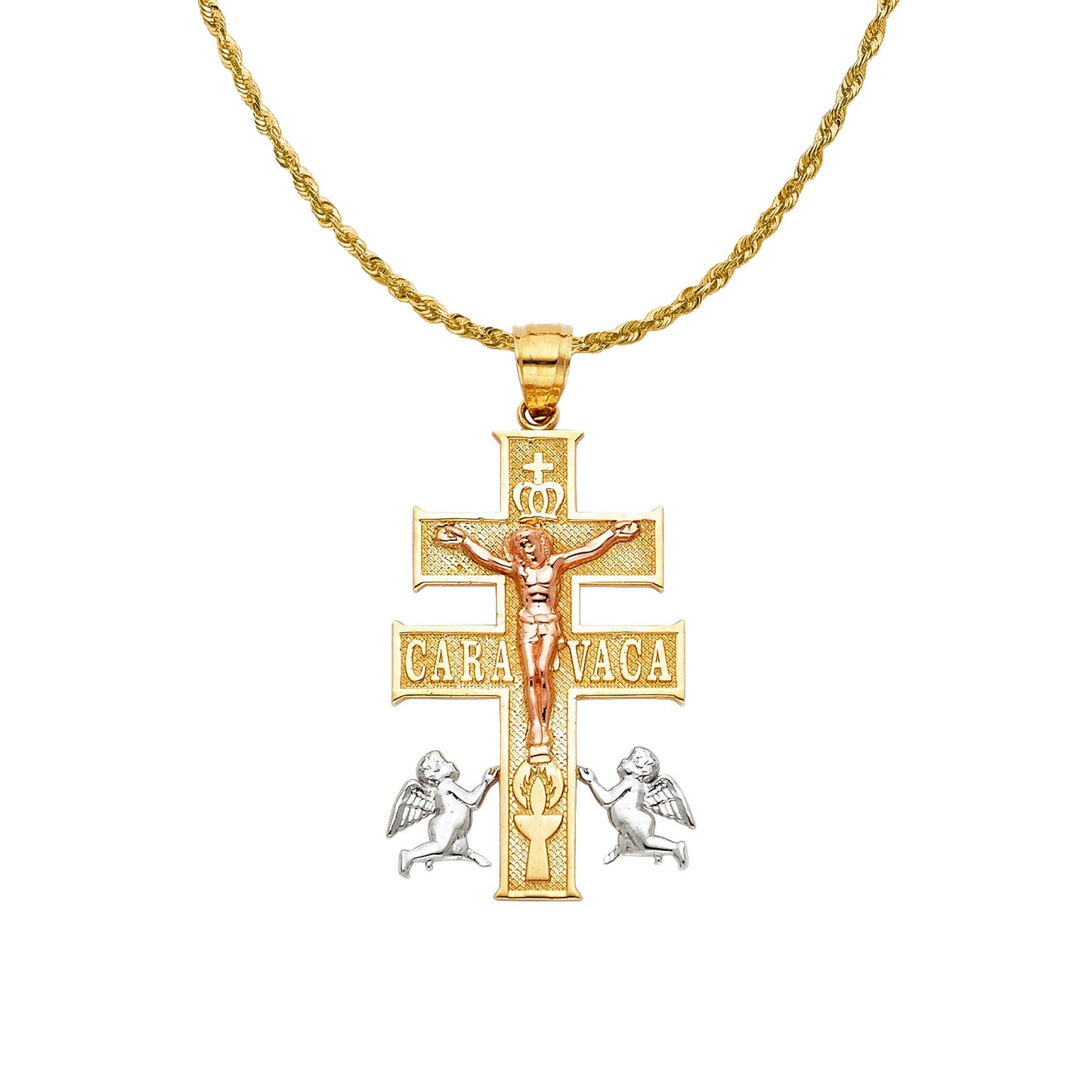 14k Tri-tone Gold Cross of Caravaca Pendant with 2mm Solid Rope Chain