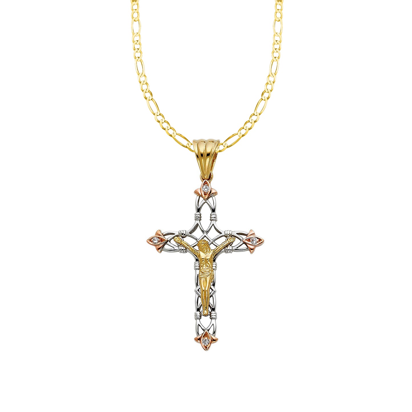 14k Tri-tone Gold Cubic Zirconia Fancy Crucifix Cross Pendant with 2.3mm Figaro Chain