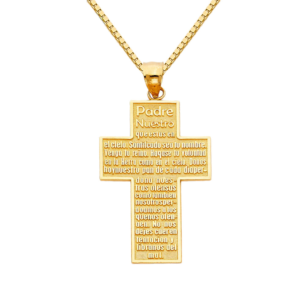 14k Yellow Gold 1.45-inch Padre Nuestro Cross Pendant with 0.80mm Box Chain