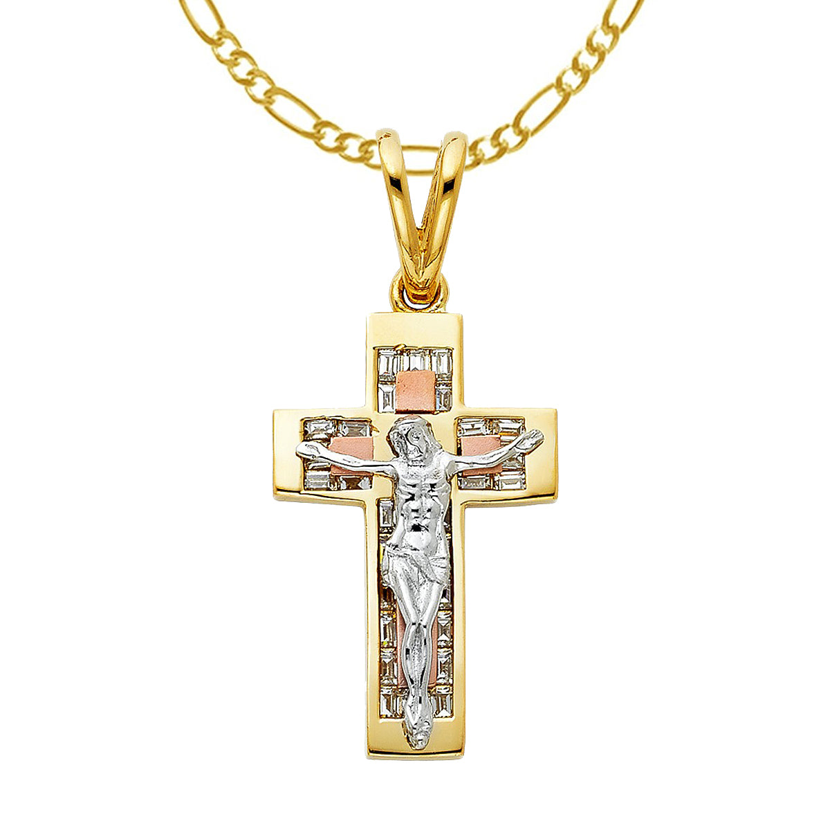 14k Tri-tone Gold Cubic Zirconia Fancy Crucifix Pendant with 2.2mm Figaro Chain