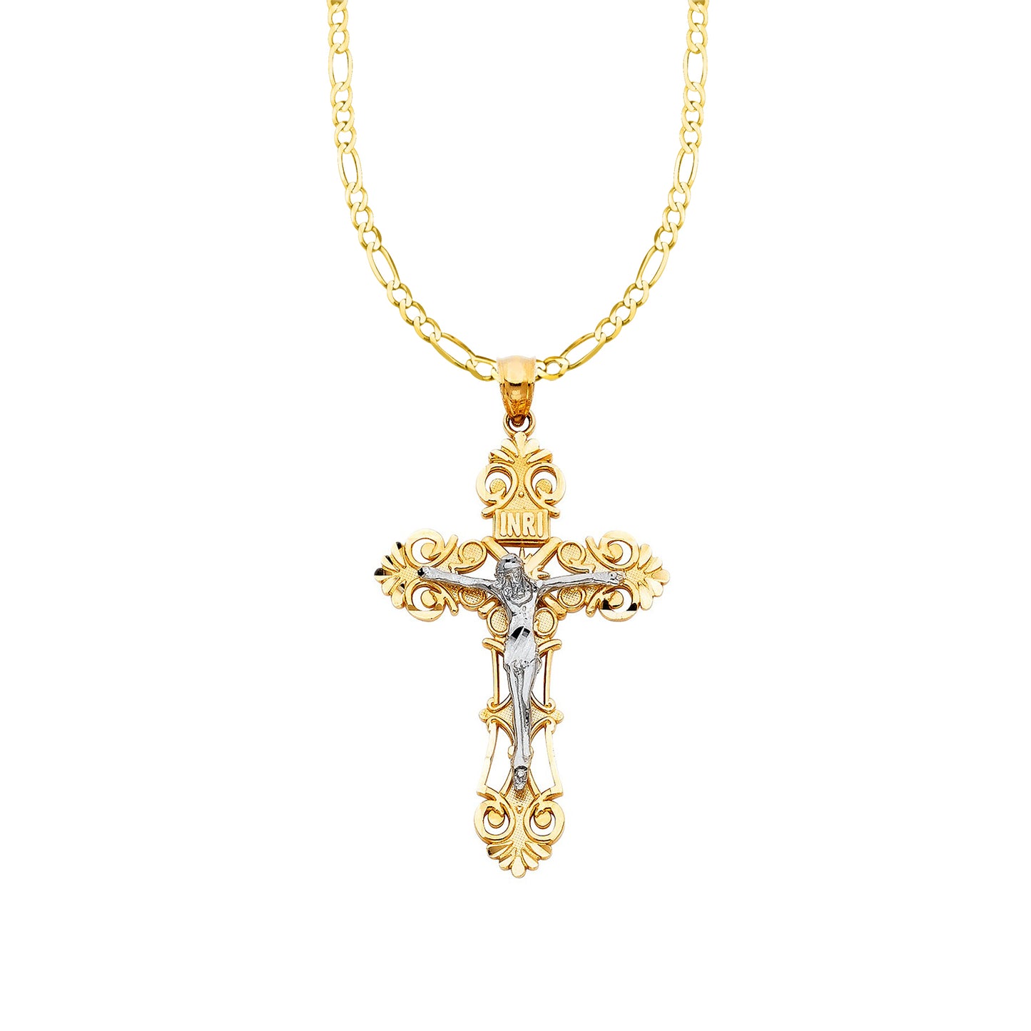 14k Two-tone Gold Fancy Crucifix Cross Pendant with 2.3mm Figaro Chain