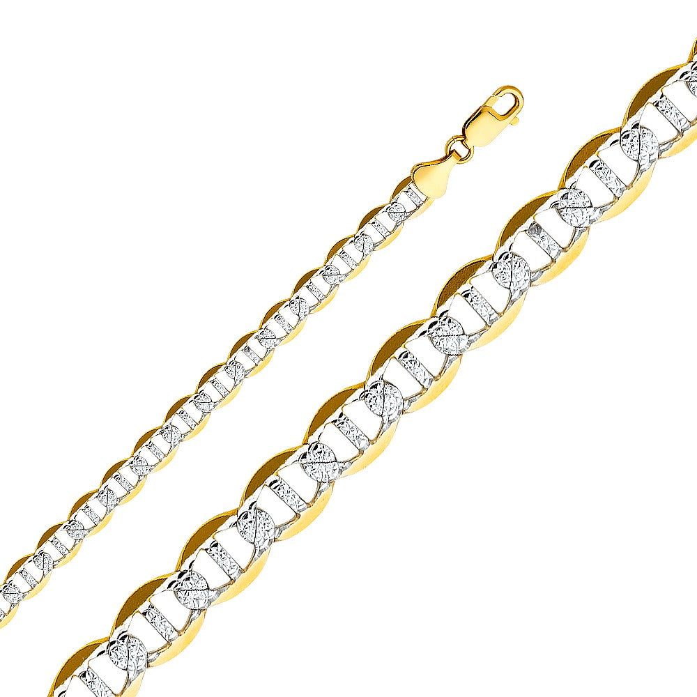 14k Two-tone Gold 7.7mm Wide White Pave Flat Mariner Unisex Chain Necklace