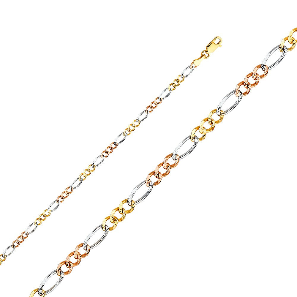 14k Tri-tone Gold 3.7mm Regular Concave 3+1 Figaro Unisex Chain Necklace