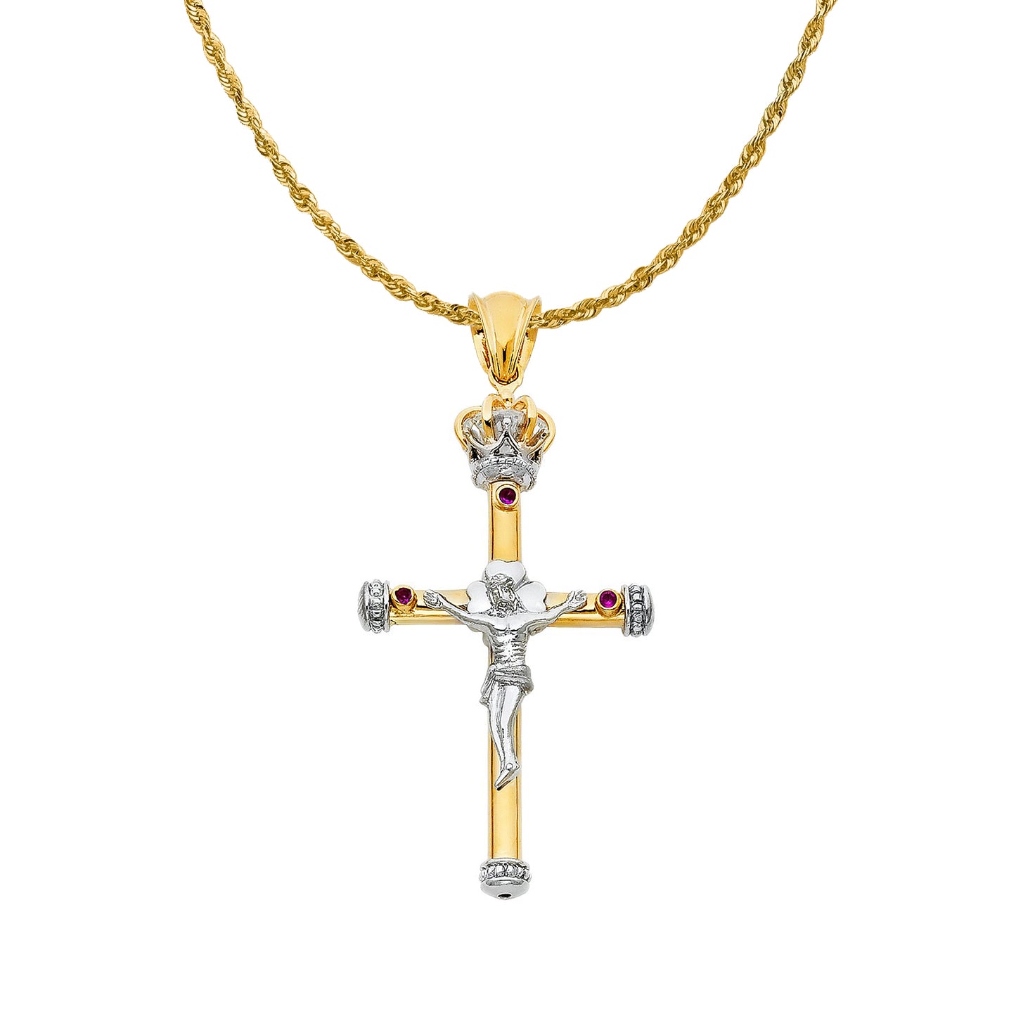 14k Two-tone Gold Cubic Zirconia Fancy Crucifix Pendant with 2mm Solid Rope Chain