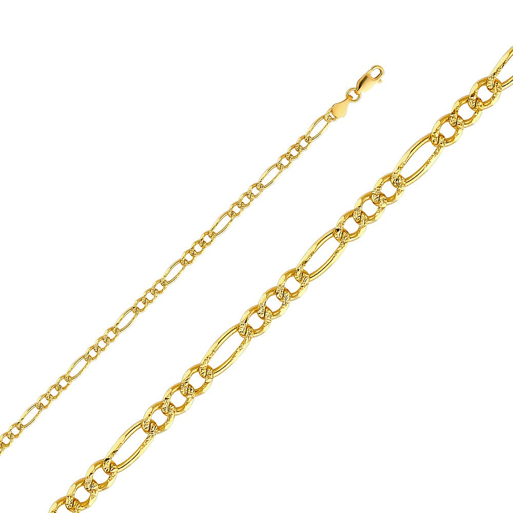 14k Yellow Gold 4mm Regular Yellow Pave 3+1 Figaro Unisex Chain Necklace