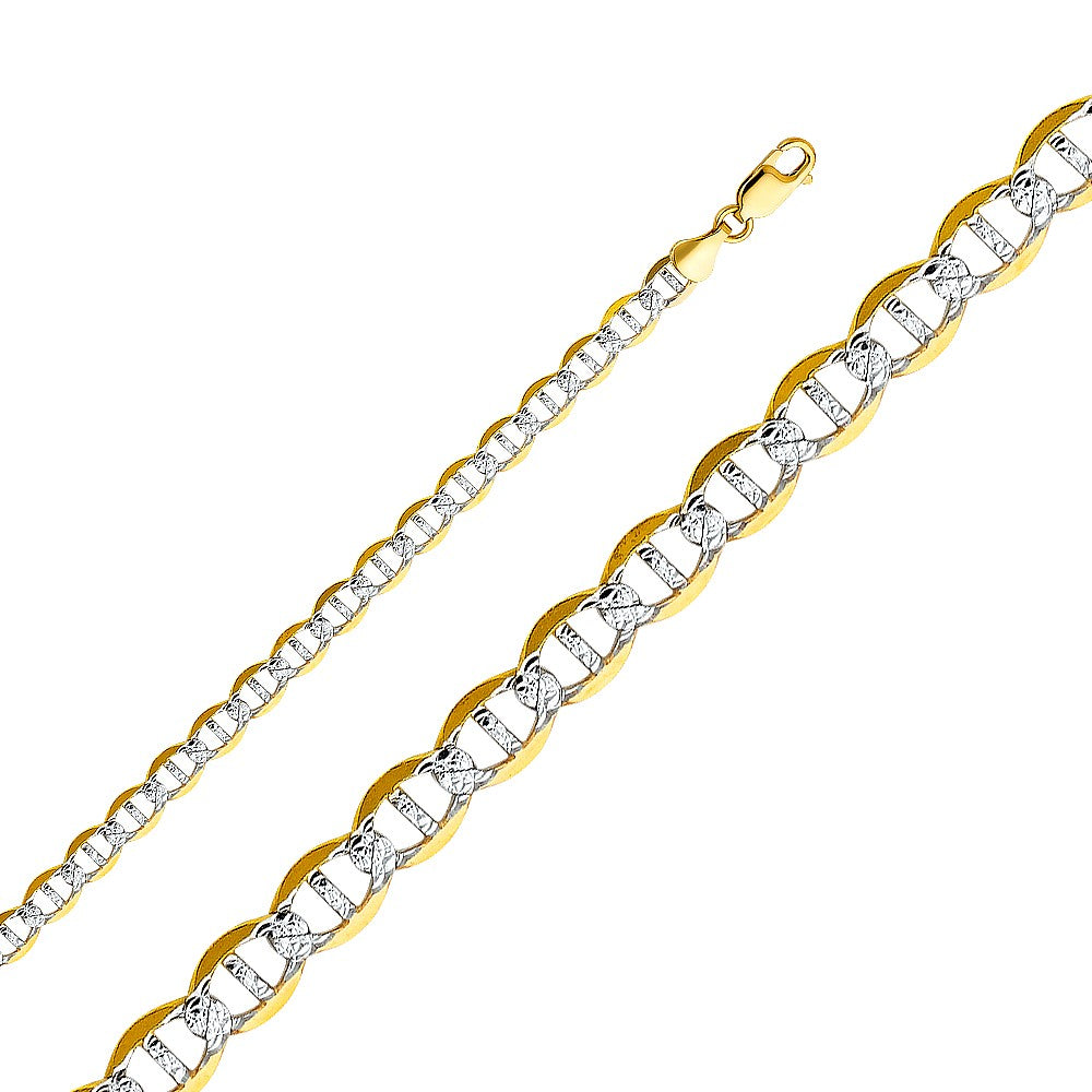 14k Two-tone Gold 6.5mm Wide White Pave Flat Mariner Unisex Chain Necklace