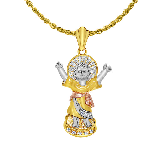 14k Yellow Gold Cubic Zirconia Divine Infant Jesus Pendant with 2mm Solid Rope Chain