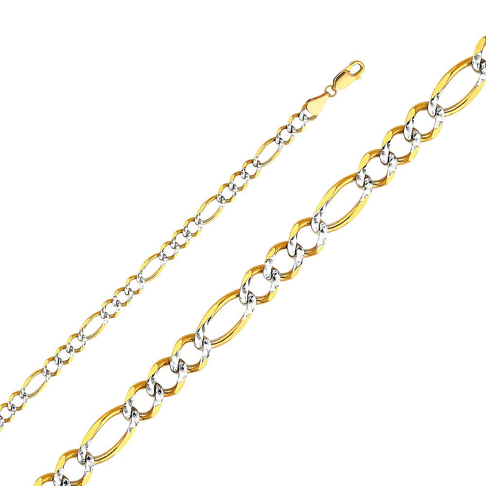 14k Two-tone Gold 5.6mm Wide Open Light White Pave 3+1 Figaro Unisex Chain Necklace