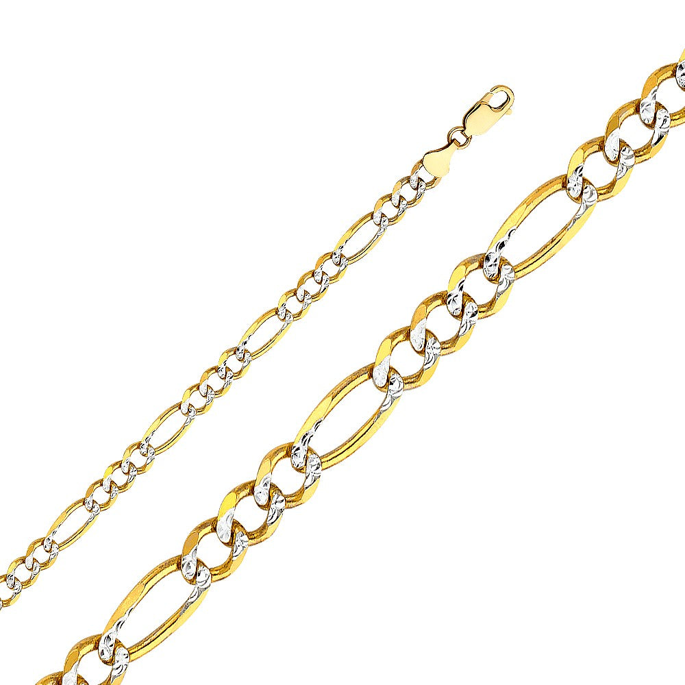 14k Two-tone Gold 6mm Wide Regular White Pave 3+1 Figaro Unisex Chain Necklace