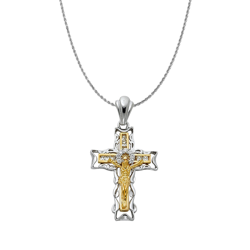 14k Two-tone Gold Cubic Zirconia Fancy Cross Pendant with 2mm Solid Rope Chain