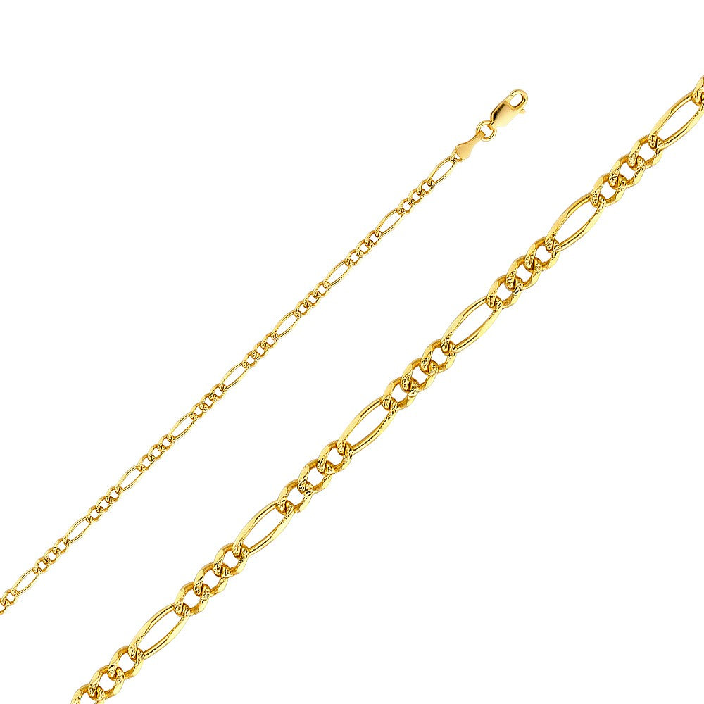 14k Yellow Gold 3.1mm Regular Yellow Pave 3+1 Figaro Unisex Chain Necklace