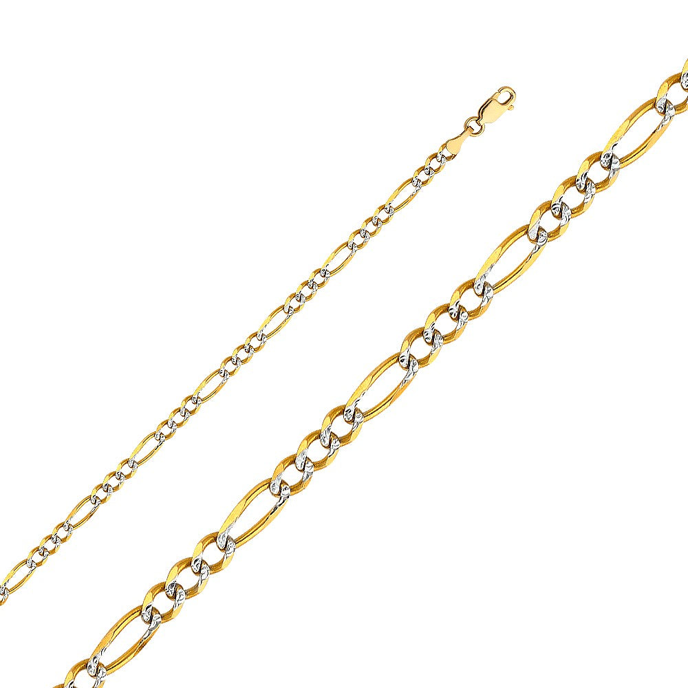 14k Two-tone Gold 4mm Regular White Pave 3+1 Figaro Unisex Chain Necklace