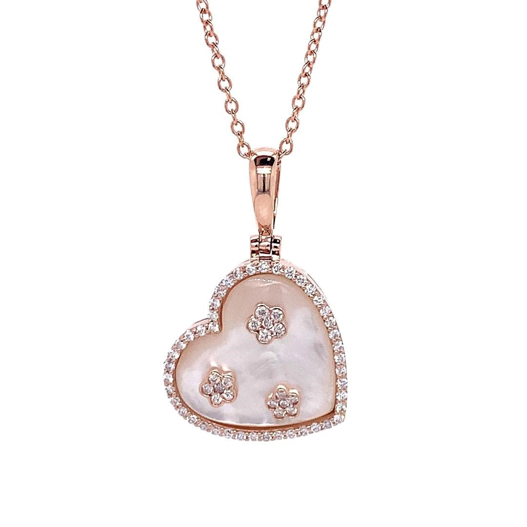 14k Gold 0.59ct White Diamond and Mother of Pearl Heart Pendant 18-inch Necklace