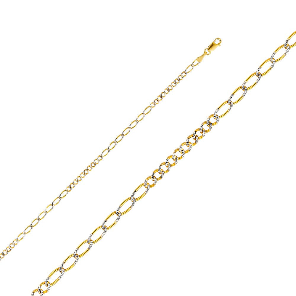 14k Yellow Gold 2.6mm White Pave 10+7 Figaro Unisex Chain Necklace