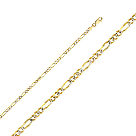 14k Two-tone Gold 3.1mm Regular White Pave 3+1 Figaro Unisex Chain Necklace