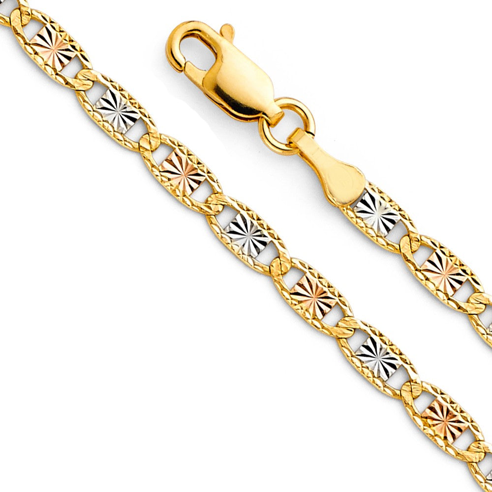 14k Tri-tone Gold 3.3mm Diamond-cut Star and Rail Valentino Unisex Chain Bracelet