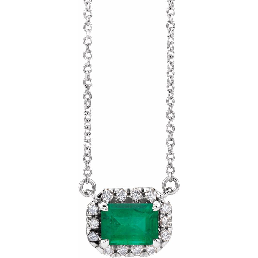 14k White Gold 6x4 mm Natural Emerald & 1/5 CTW Natural Diamond Halo-Style 18" Necklace