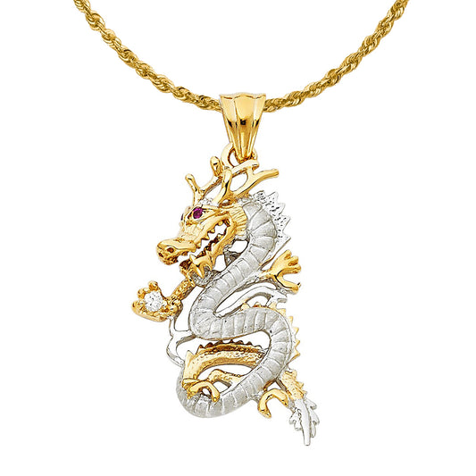 14k Two-tone Gold Cubic Zirconia Fancy Dragon Pendant with 2 mm Solid Rope Chain