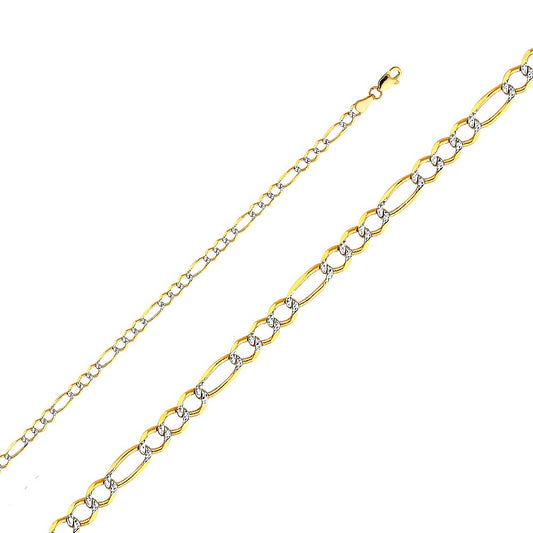 14k Two-tone Gold 3.9mm Open Light White Pave 3+1 Figaro Unisex Chain Necklace