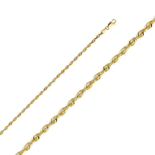 14k Yellow Gold 3mm Light Diamond-cut Solid Rope Men's Chain Bracelet (8 inch)