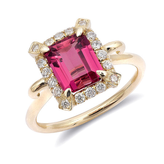 14k Yellow Gold 1.84ct TGW Natural Pink Tourmaline and White Diamond Scroll Engagement Ring