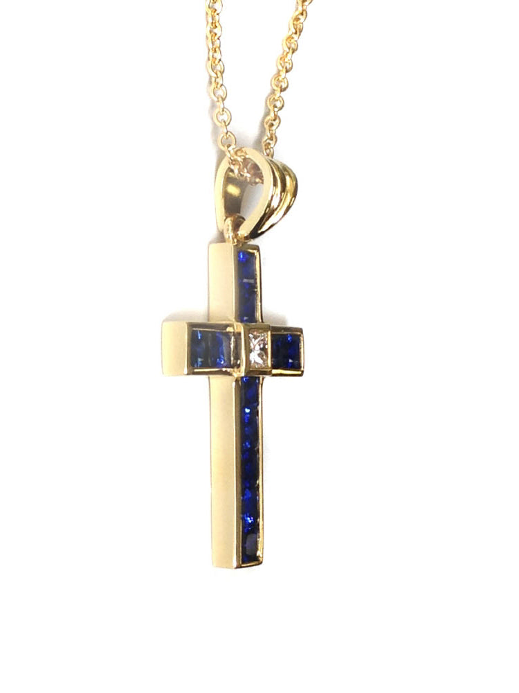 18K Yellow Gold 2.21ct TGW Blue Sapphire and Diamond Cross Necklace