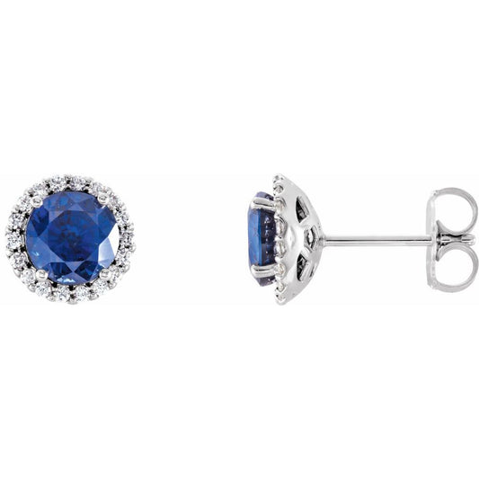 14k White Gold 4 mm Lab-Grown Blue Sapphire & 1/10 CTW Natural Diamond Earrings