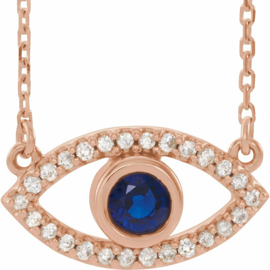 14k Rose Gold Natural Blue Sapphire & Natural White Sapphire Evil Eye 16" Necklace