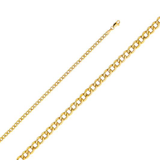 14k Yellow Gold 3.5mm Hollow Cuban Ladies Chain Bracelet (7")